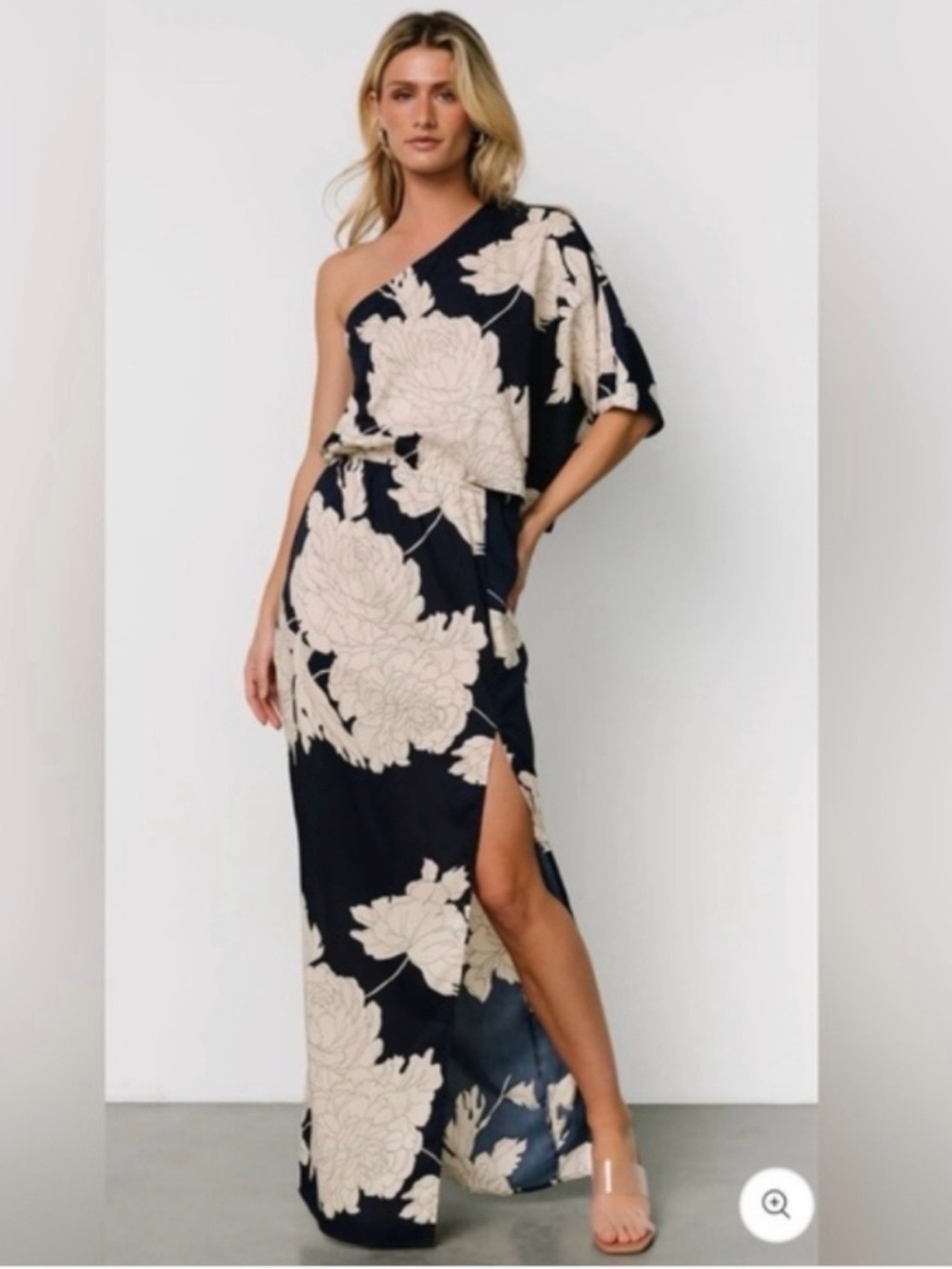 Baltic Born One-Shoulder Navy and Cream Floral Maxi Dress